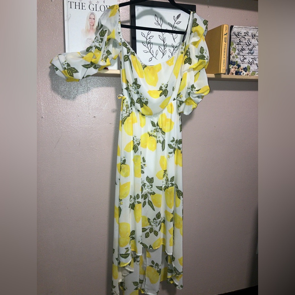 🍋 Papaya Yellow and White High Low Sundress with Puff Sleeves